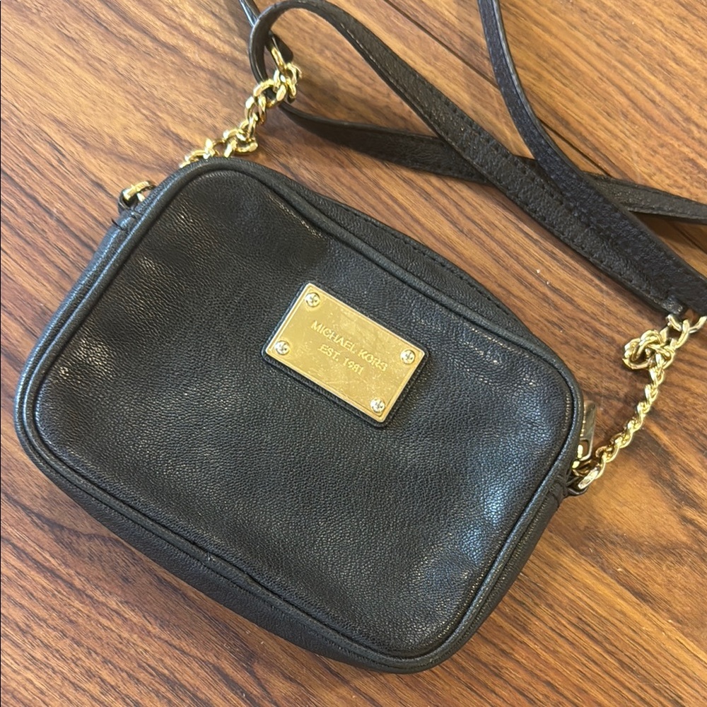 Michael Kors Black Leather Crossbody with Gold Chain